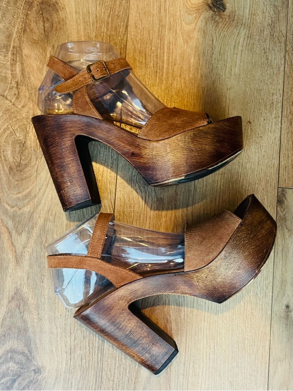Steve Madden Y2K Platform Sandals Wood Heels Brown Suede
